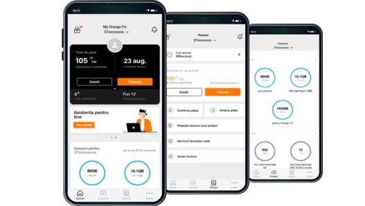 Interfață aplicație My Orange pe telefon mobil afișând consumul de date și meniul de facturi